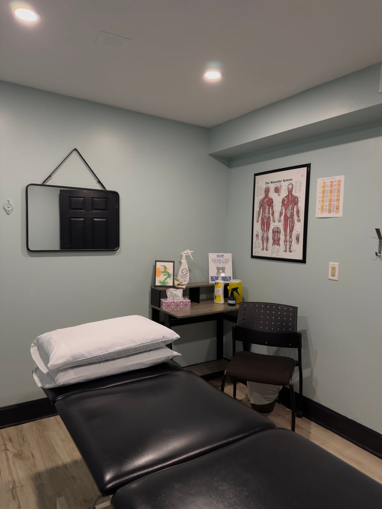 Modern medical or therapy office with black examination table, desk, anatomical posters, and wall-mounted mirror and cabinet